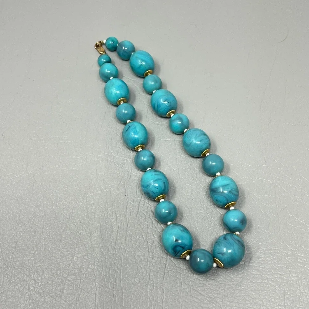 Vintage‎ Blue Marbled Bead Necklace Gold Tone Caps and Clasp